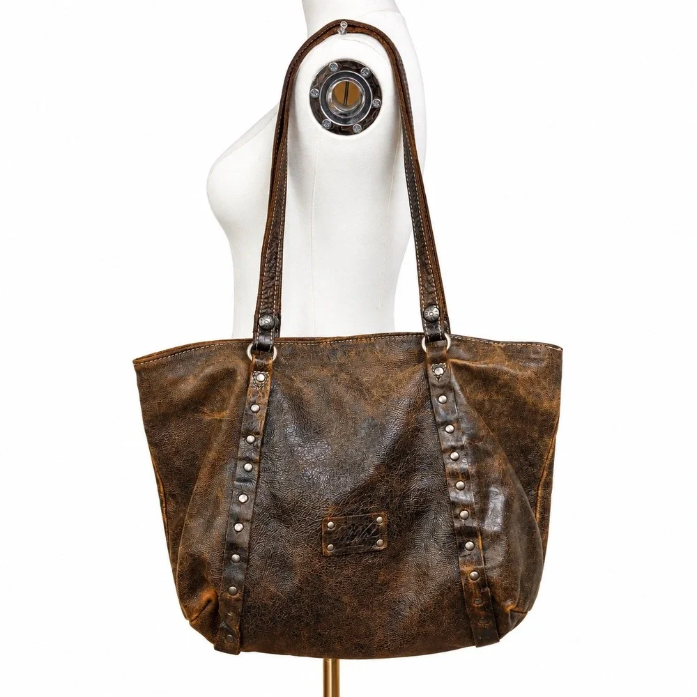 Patricia Nash Bag Italy Oversized Genuine Leather Brown Distressed Studded Boho